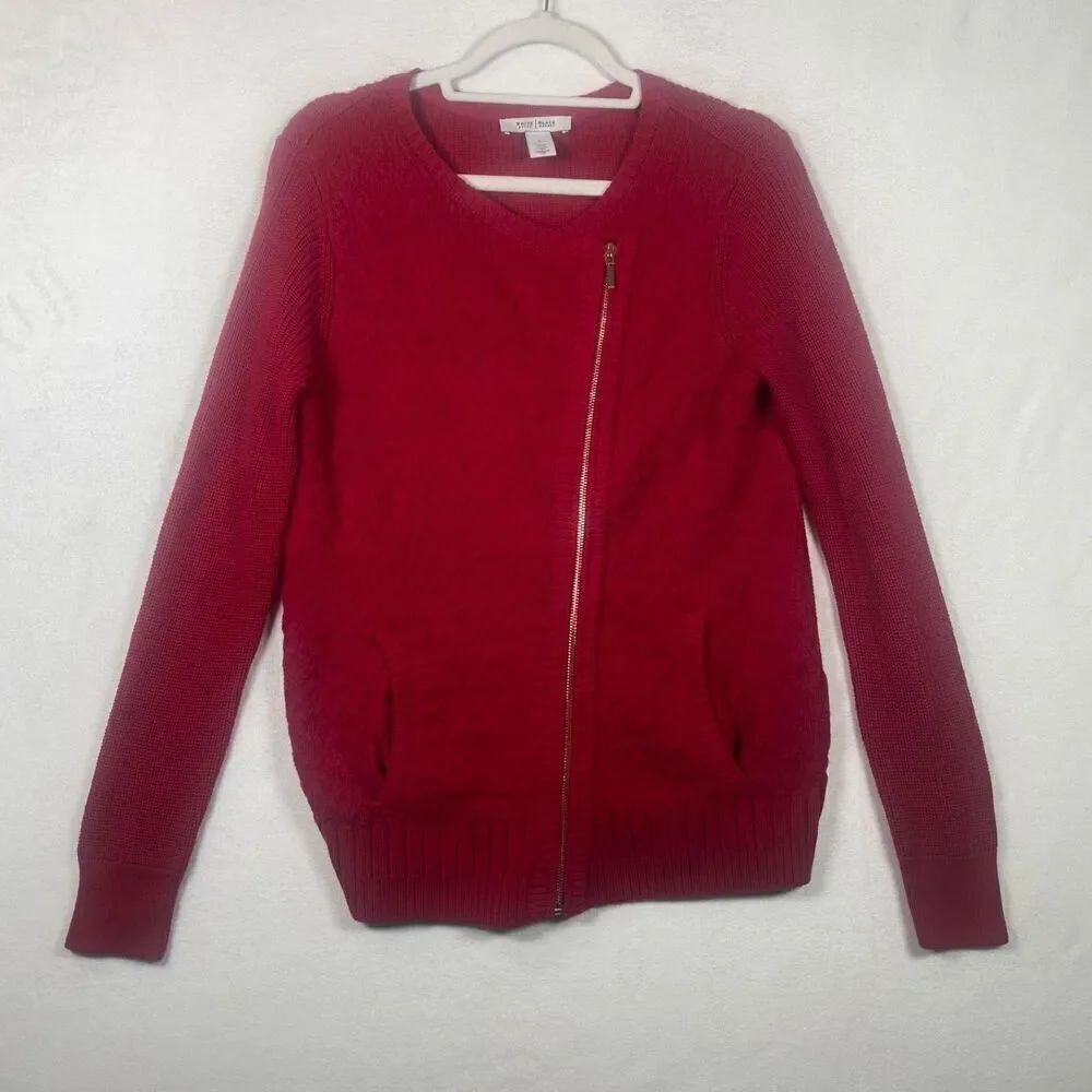 White House Black Market Red Asymmetrical Full Zip Knit Cardigan Women’s Size L